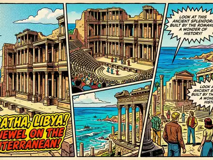 Pop-Art-Comicillustration des Wahrzeichens Romisches Theater Sabratha in Sabratha Libyen, kraeftige Konturen Rasterpunkte und satte Farben - Foto: THN