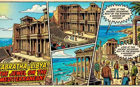 Pop-Art-Comicillustration des Wahrzeichens Romisches Theater Sabratha in Sabratha Libyen, kraeftige Konturen Rasterpunkte und satte Farben - Foto: THN