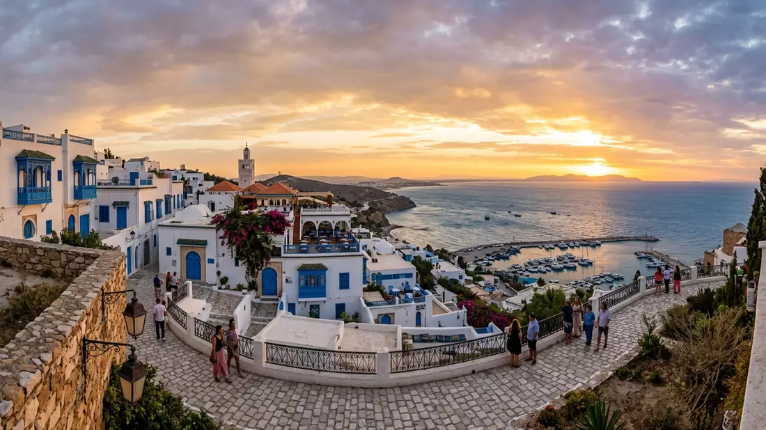 Fotorealistische Ansicht von Sidi Bou Said in Tunis, Tunesien im Abendlicht