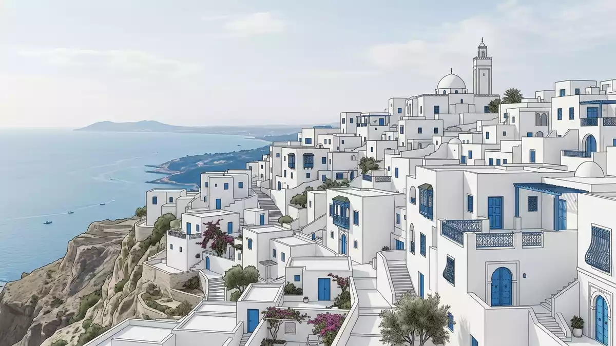 Architektur-Render von Sidi Bou Said in Tunis, Tunesien bei Tageslicht