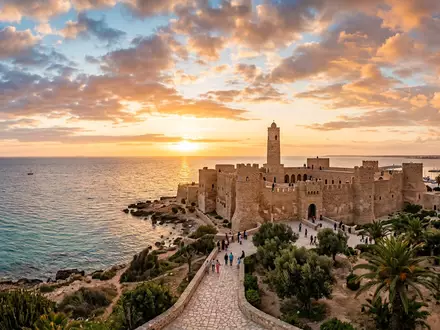 Fotorealistische Panoramaaufnahme von Ribat Monastir in Monastir Tunesien, warmes Abendlicht auf Wahrzeichen - Foto: THN