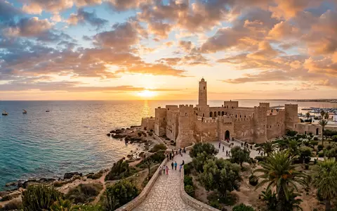 Fotorealistische Panoramaaufnahme von Ribat Monastir in Monastir Tunesien, warmes Abendlicht auf Wahrzeichen - Foto: THN