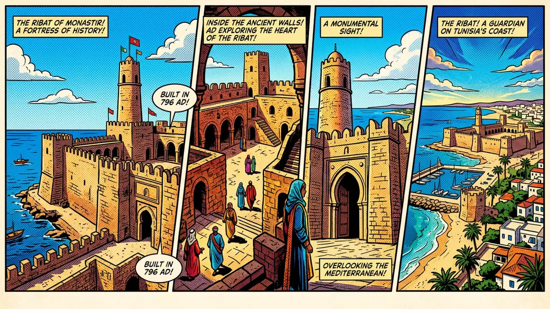 Pop-Art-Comic von Ribat Monastir in Monastir, Tunesien mit Rasterpunkten