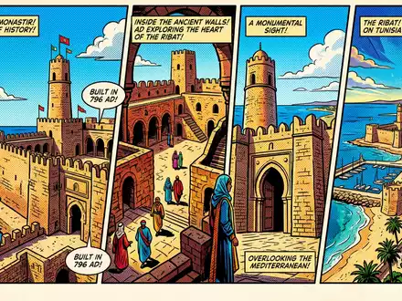 Pop-Art-Comicillustration des Wahrzeichens Ribat Monastir in Monastir Tunesien, kraeftige Konturen Rasterpunkte und satte Farben - Foto: THN