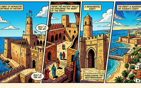 Pop-Art-Comicillustration des Wahrzeichens Ribat Monastir in Monastir Tunesien, kraeftige Konturen Rasterpunkte und satte Farben - Foto: THN