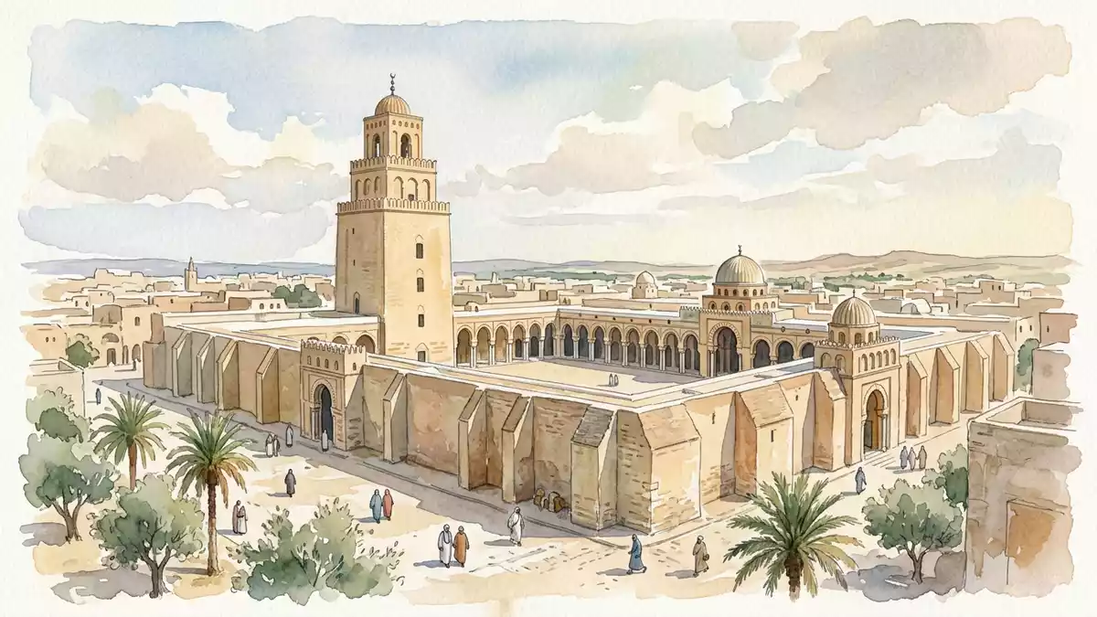 Aquarell-Illustration von Grosse Moschee von Kairouan in Kairouan, Tunesien als Reiseposter