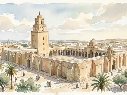 Aquarellillustration des Wahrzeichens Grosse Moschee von Kairouan in Kairouan Tunesien, weiche Farbverläufe und pastelliges Reiseposter-Feeling - Foto: THN