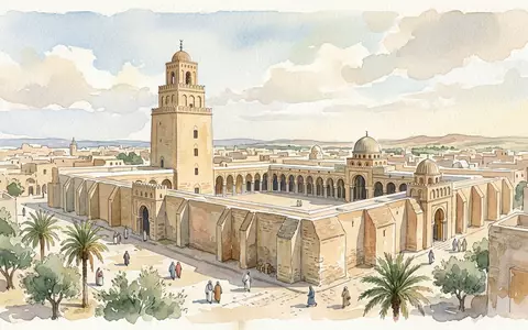 Aquarellillustration des Wahrzeichens Grosse Moschee von Kairouan in Kairouan Tunesien, weiche Farbverläufe und pastelliges Reiseposter-Feeling - Foto: THN