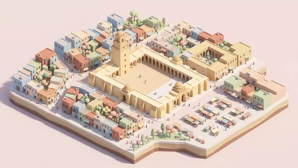 Isometrisches Diorama von Grosse Moschee von Kairouan in Kairouan, Tunesien in Pastell