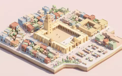 Isometrisches Diorama von Grosse Moschee von Kairouan und Umgebung in Kairouan Tunesien, verspielte Low-Poly-Kulisse in - Foto: THN