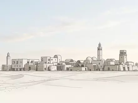 Moderner Architektur-Render zeigt Silhouette von Douz Sahara-Tor in Douz Tunesien, klare Linien und neutrales Tageslicht - Foto: THN