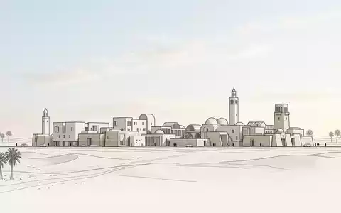 Moderner Architektur-Render zeigt Silhouette von Douz Sahara-Tor in Douz Tunesien, klare Linien und neutrales Tageslicht - Foto: THN