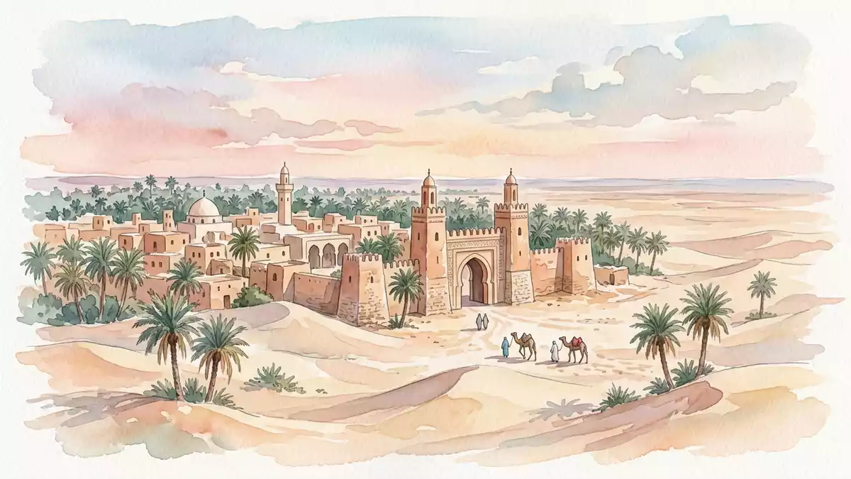 Aquarell-Illustration von Douz Sahara-Tor in Douz, Tunesien als Reiseposter