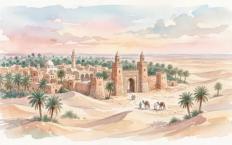 Aquarellillustration des Wahrzeichens Douz Sahara-Tor in Douz Tunesien, weiche Farbverläufe und pastelliges Reiseposter-Feeling - Foto: THN