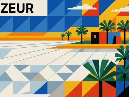 Bauhaus-Poster als geometrische Abstraktion von Chott el Djerid in Tozeur Tunesien, kraeftige Grundfarben und harte - Foto: THN
