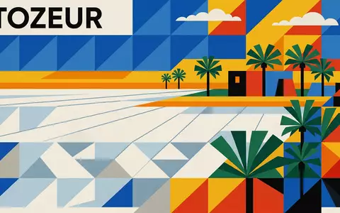 Bauhaus-Poster als geometrische Abstraktion von Chott el Djerid in Tozeur Tunesien, kraeftige Grundfarben und harte - Foto: THN