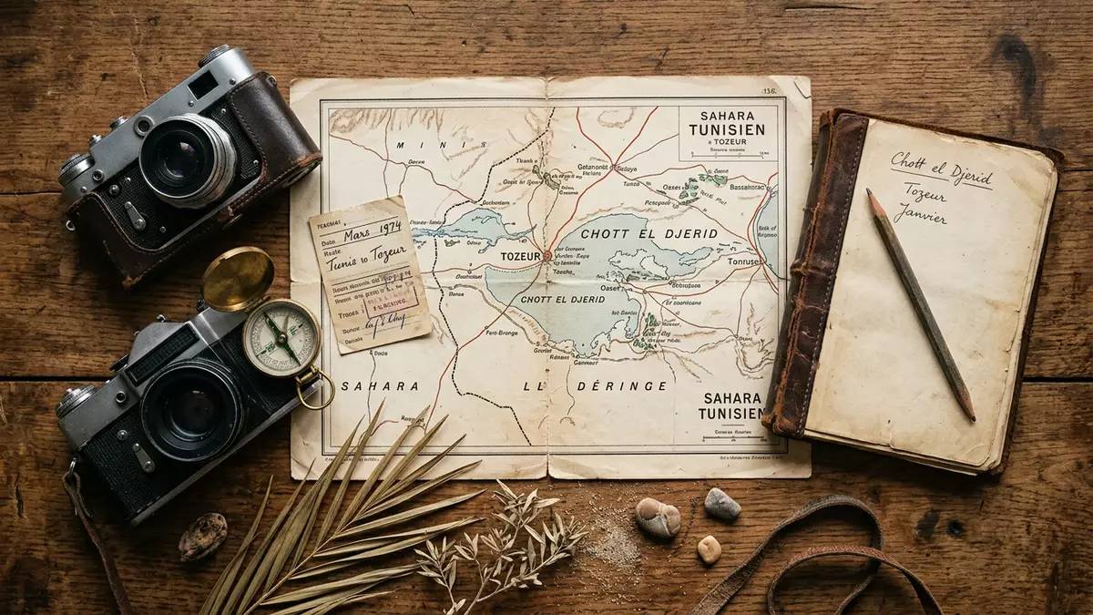 Flatlay-Reise-Arrangement rund um Chott el Djerid in Tozeur, Tunesien