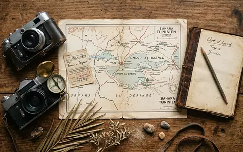 Flatlay-Reise-Arrangement rund um Chott el Djerid in Tozeur Tunesien, Karte Kompass Kamera und generische Reiserequisiten - Foto: THN
