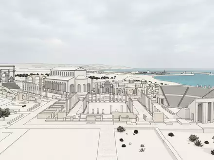 Moderner Architektur-Render zeigt Silhouette von Leptis Magna in Al Khums Libyen, klare Linien und neutrales - Foto: THN
