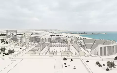 Moderner Architektur-Render zeigt Silhouette von Leptis Magna in Al Khums Libyen, klare Linien und neutrales - Foto: THN