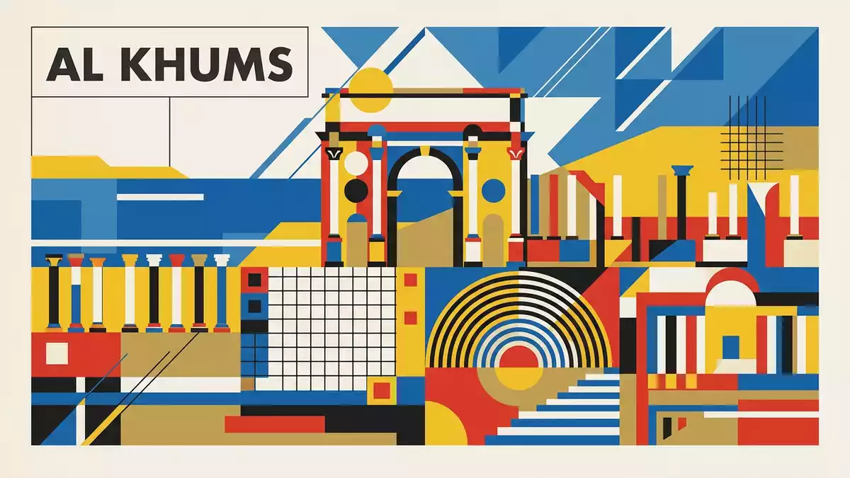 Bauhaus-Poster als Abstraktion von Leptis Magna in Al Khums, Libyen
