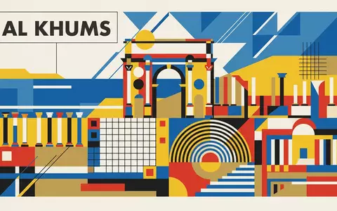Bauhaus-Poster als geometrische Abstraktion von Leptis Magna in Al Khums Libyen, kraeftige Grundfarben und harte - Foto: THN