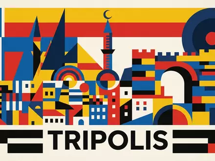 Bauhaus-Poster als geometrische Abstraktion von Medina von Tripolis in Tripolis Libyen, kraeftige Grundfarben und harte - Foto: THN
