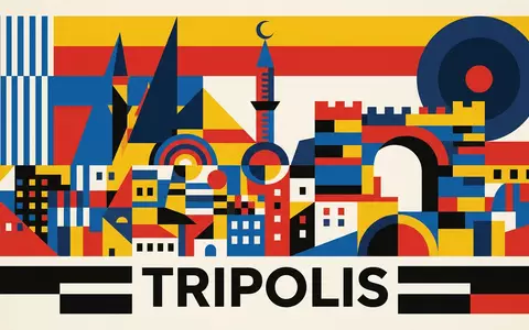 Bauhaus-Poster als geometrische Abstraktion von Medina von Tripolis in Tripolis Libyen, kraeftige Grundfarben und harte - Foto: THN
