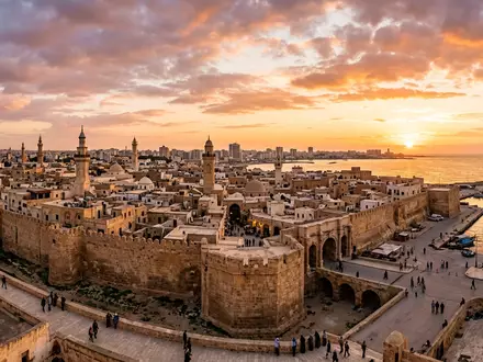 Fotorealistische Panoramaaufnahme von Medina von Tripolis in Tripolis Libyen, warmes Abendlicht auf Wahrzeichen - Foto: THN