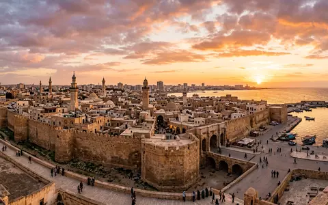 Fotorealistische Panoramaaufnahme von Medina von Tripolis in Tripolis Libyen, warmes Abendlicht auf Wahrzeichen - Foto: THN