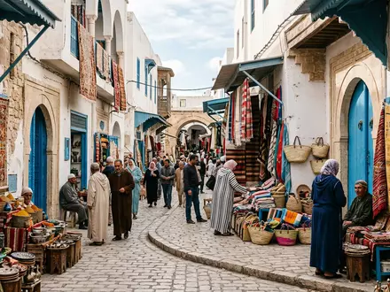 Editorialbild im Reisemagazin-Stil vom Wahrzeichen Houmt Souk Djerba in Djerba Tunesien, ausgewogene Bildgestaltung und natuerliches - Foto: THN