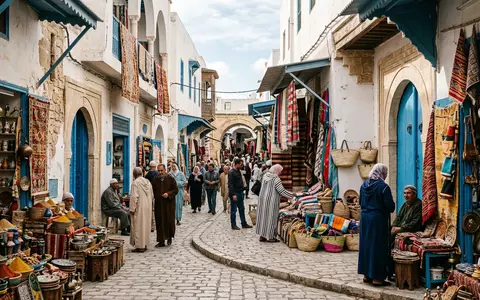 Editorialbild im Reisemagazin-Stil vom Wahrzeichen Houmt Souk Djerba in Djerba Tunesien, ausgewogene Bildgestaltung und natuerliches - Foto: THN