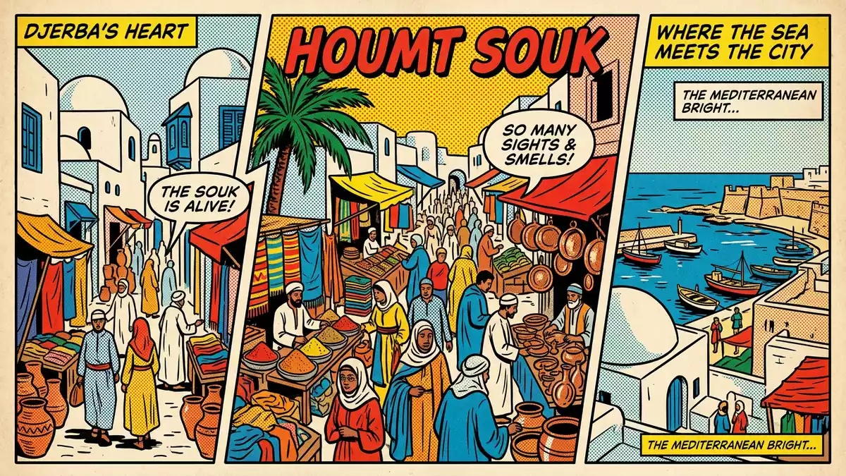 Pop-Art-Comic von Houmt Souk Djerba in Djerba, Tunesien mit Rasterpunkten