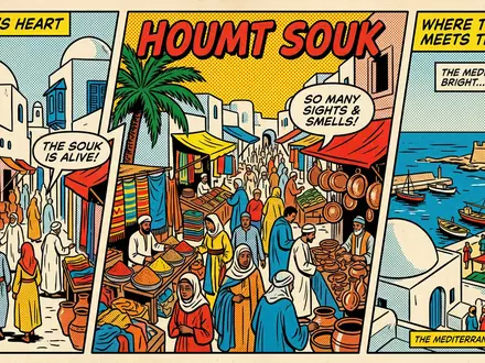 Pop-Art-Comicillustration des Wahrzeichens Houmt Souk Djerba in Djerba Tunesien, kraeftige Konturen Rasterpunkte und satte Farben - Foto: THN