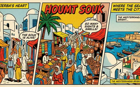 Pop-Art-Comicillustration des Wahrzeichens Houmt Souk Djerba in Djerba Tunesien, kraeftige Konturen Rasterpunkte und satte Farben - Foto: THN