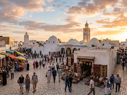 Fotorealistische Panoramaaufnahme von Houmt Souk Djerba in Djerba Tunesien, warmes Abendlicht auf Wahrzeichen - Foto: THN