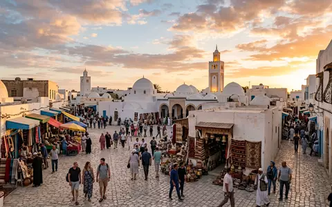 Fotorealistische Panoramaaufnahme von Houmt Souk Djerba in Djerba Tunesien, warmes Abendlicht auf Wahrzeichen - Foto: THN