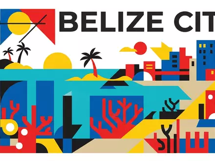 Bauhaus-Poster als geometrische Abstraktion von Belize Barrier Reef in Belize City Belize, kraeftige Grundfarben und - Foto: THN