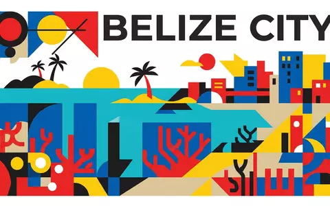 Bauhaus-Poster als geometrische Abstraktion von Belize Barrier Reef in Belize City Belize, kraeftige Grundfarben und - Foto: THN