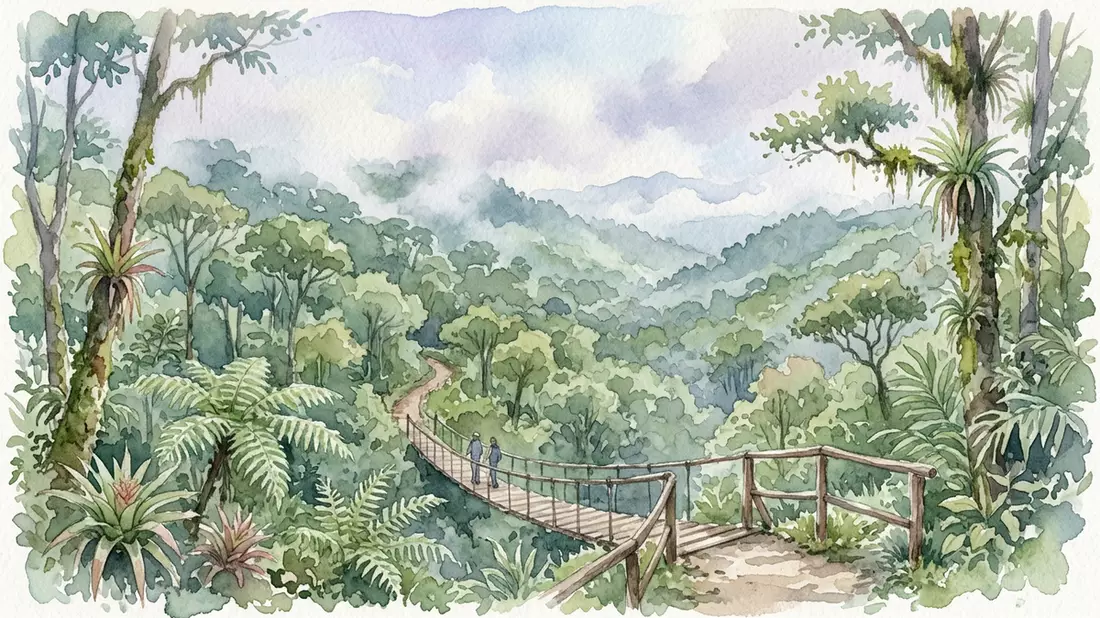 Aquarell-Illustration von Monteverde-Nebelwald in Monteverde, Costa Rica als Reiseposter