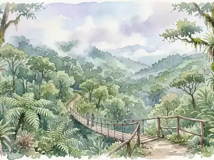 Aquarellillustration des Wahrzeichens Monteverde-Nebelwald in Monteverde Costa Rica, weiche Farbverläufe und pastelliges Reiseposter-Feeling - Foto: THN