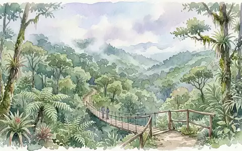Aquarellillustration des Wahrzeichens Monteverde-Nebelwald in Monteverde Costa Rica, weiche Farbverläufe und pastelliges Reiseposter-Feeling - Foto: THN