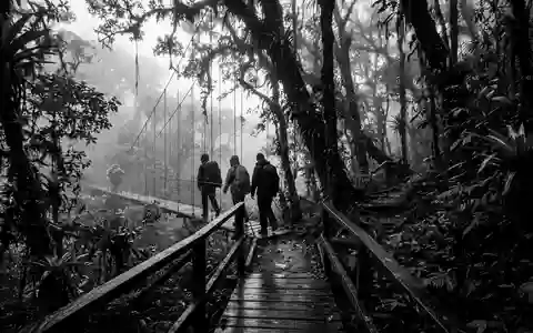 Schwarzweiss-Reportagebild vom Wahrzeichen Monteverde-Nebelwald in Monteverde Costa Rica, dokumentarische Reisefotografie mit starken Kontrasten - Foto: THN