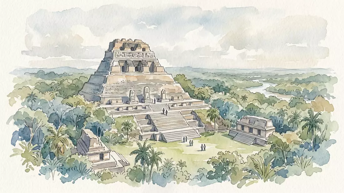 Aquarell-Illustration von Xunantunich in San Ignacio, Belize als Reiseposter