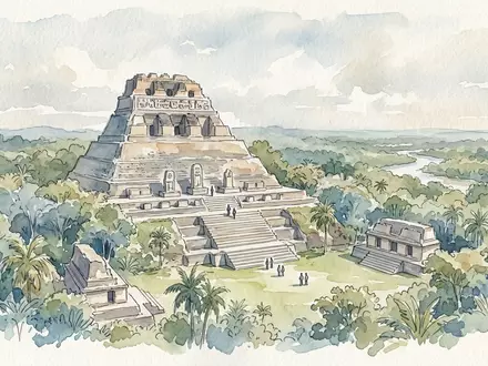 Aquarellillustration des Wahrzeichens Xunantunich in San Ignacio Belize, weiche Farbverläufe und pastelliges Reiseposter-Feeling - Foto: THN