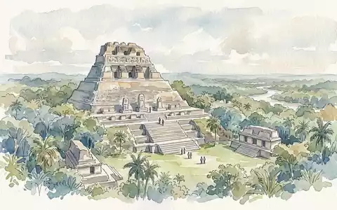 Aquarellillustration des Wahrzeichens Xunantunich in San Ignacio Belize, weiche Farbverläufe und pastelliges Reiseposter-Feeling - Foto: THN