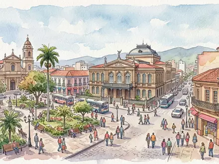 Aquarellillustration des Wahrzeichens Altstadt von San Jose in San Jose Costa Rica, weiche Farbverläufe und - Foto: THN