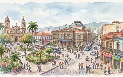 Aquarellillustration des Wahrzeichens Altstadt von San Jose in San Jose Costa Rica, weiche Farbverläufe und - Foto: THN