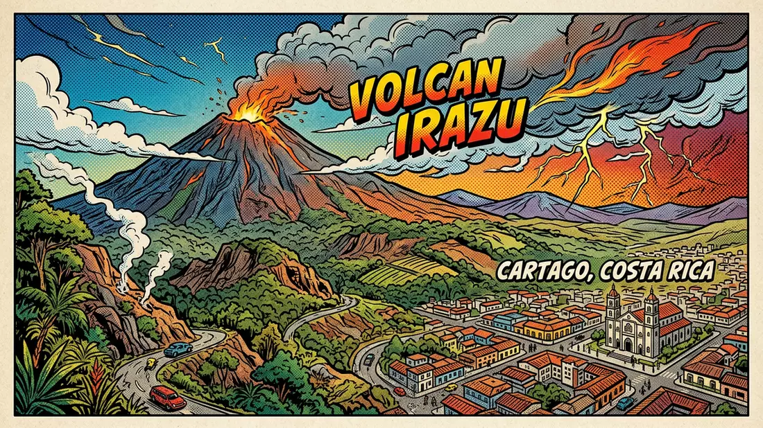 Pop-Art-Comic von Irazu-Vulkan in Cartago, Costa Rica mit Rasterpunkten