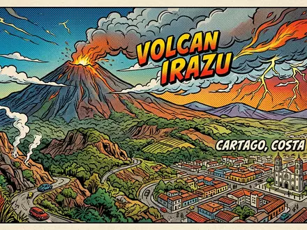 Pop-Art-Comicillustration des Wahrzeichens Irazu-Vulkan in Cartago Costa Rica, kraeftige Konturen Rasterpunkte und satte Farben - Foto: THN